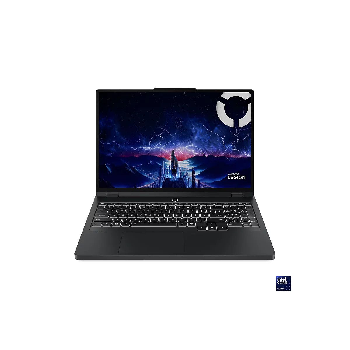 Schwarzes Lenovo Legion Notebook mit geöffnetem Display. Auf dem Bildschirm ist eine Stadt mit Blitzen zu sehen. Auf der Tastatur steht der Lenovo Legion Schriftzug. Unten rechts ist ein Intel Core Ultra Logo.
