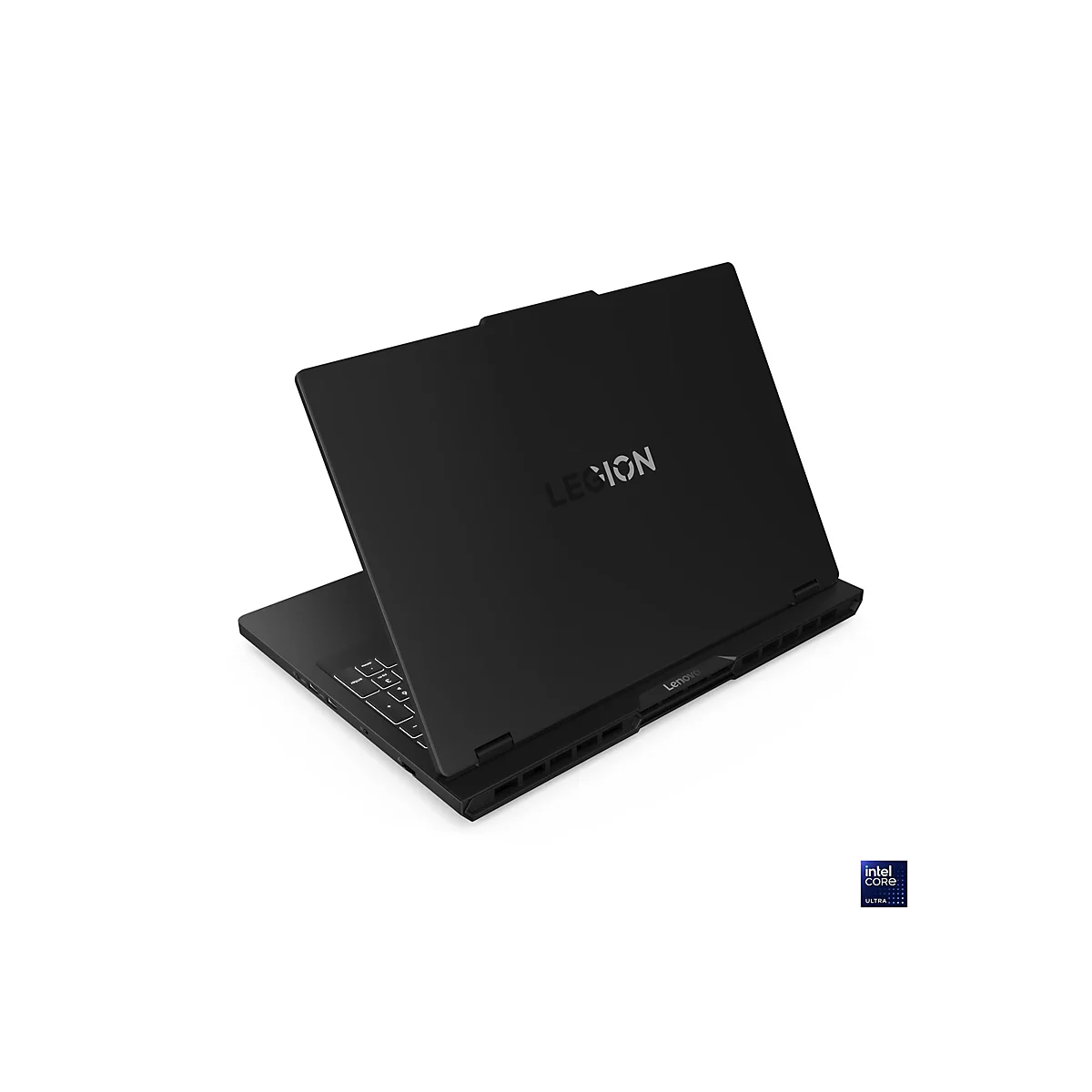 Schwarzer Lenovo Legion Laptop in Schrägansicht. Der Laptop ist geöffnet, das Legion-Logo ist deutlich sichtbar.