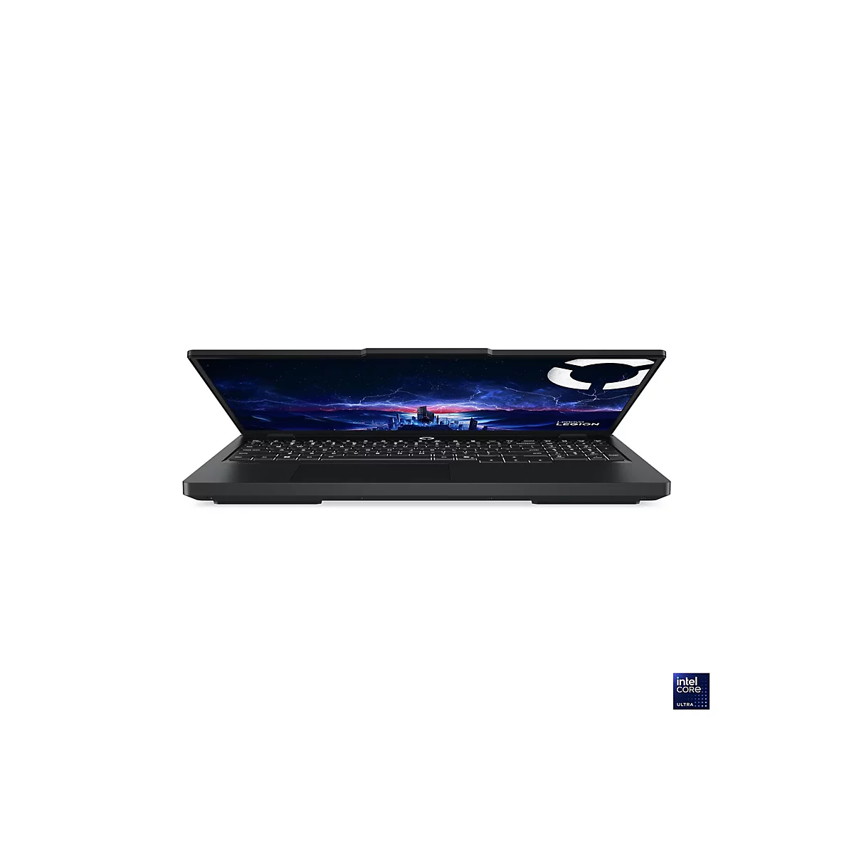 Schwarzes Laptop auf weißem Grund, Bildschirm zeigt Logo und Stadtbild, Tastatur und Intel-Logo.