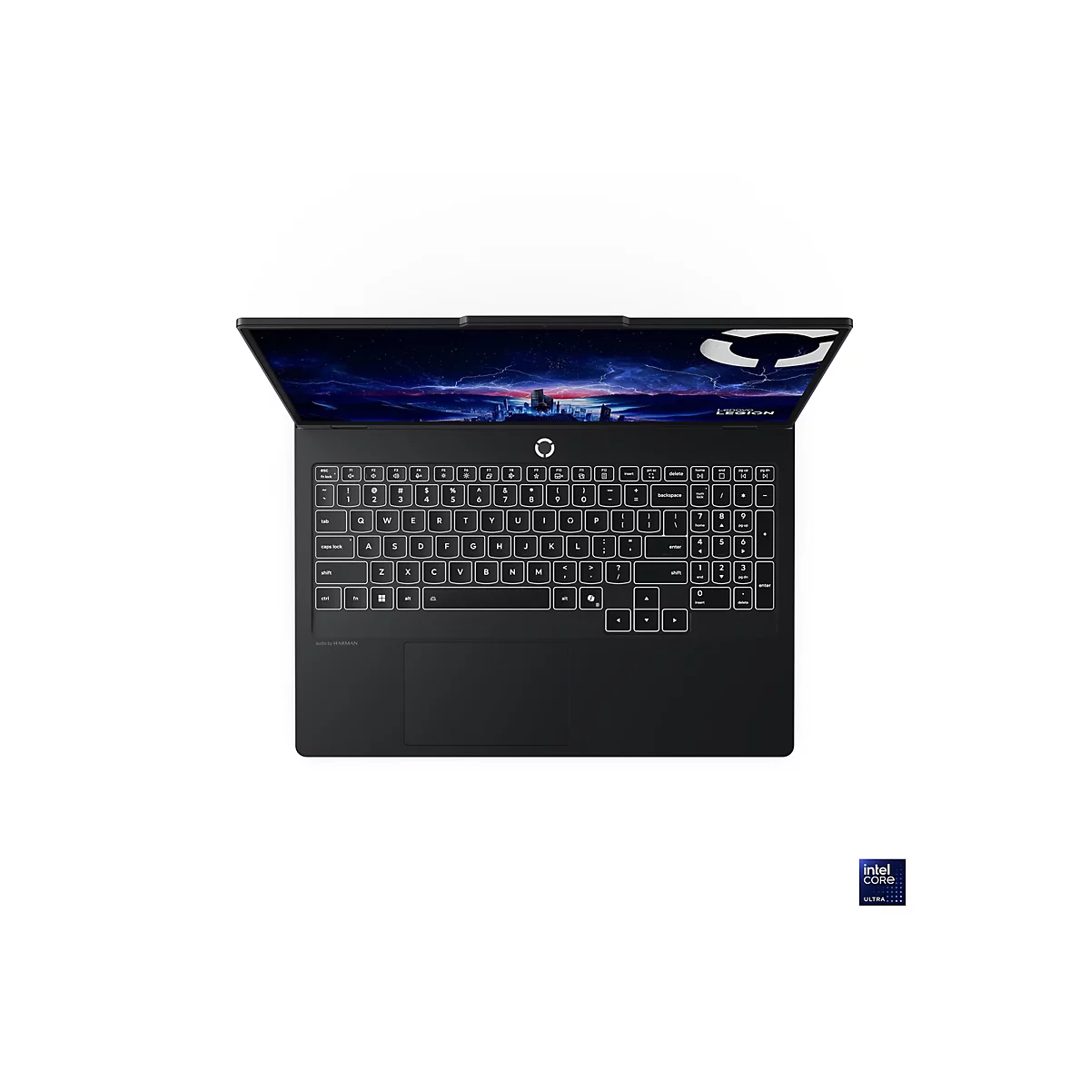 Draufsicht auf einen schwarzen Laptop mit weiß beleuchteter Tastatur. Der Bildschirm zeigt einen Nachthimmel. Unten rechts das Intel Core Ultra Logo.
