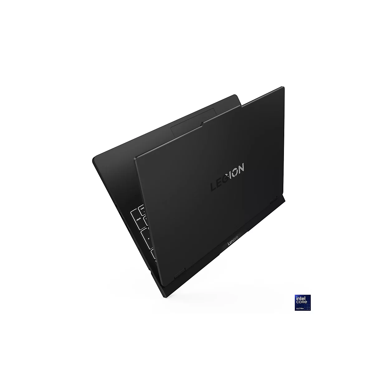 Schwarzes Lenovo Legion Laptop mit geöffnetem Deckel, Tastatur und "LEGION"-Logo. Unten rechts Intel Core Ultra.