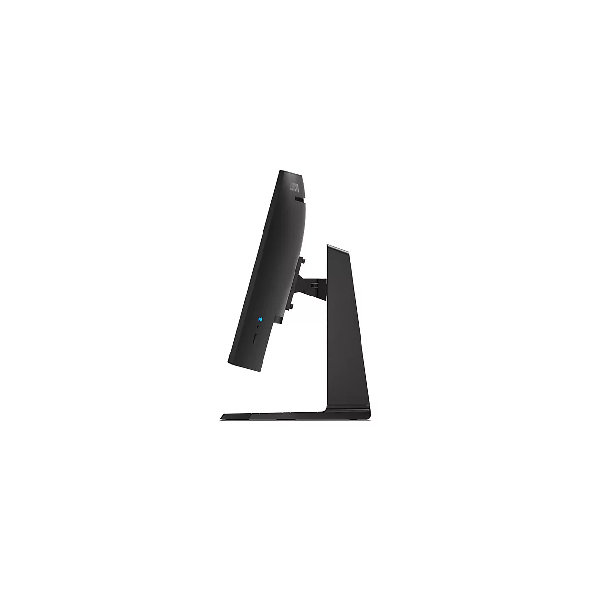 Seitliche Ansicht eines schwarzen Lenovo Monitors auf einem Standfuß vor weißem Hintergrund.