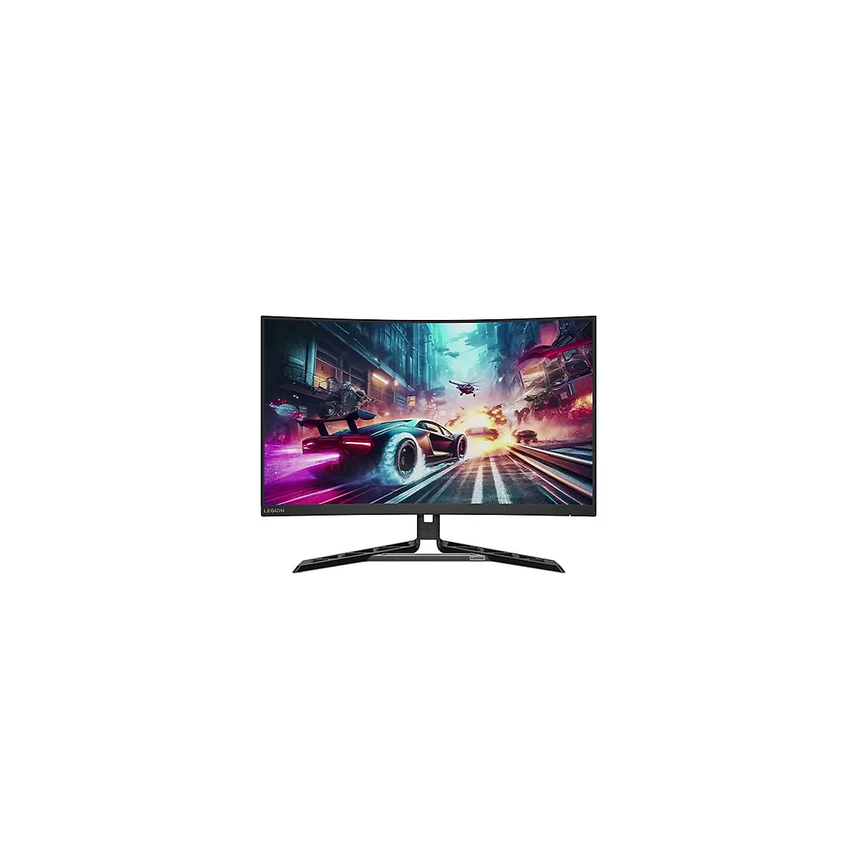 Lenovo Legion Gaming-Monitor mit gewölbtem Display zeigt ein actionreiches Rennspiel vor neutralem Hintergrund.