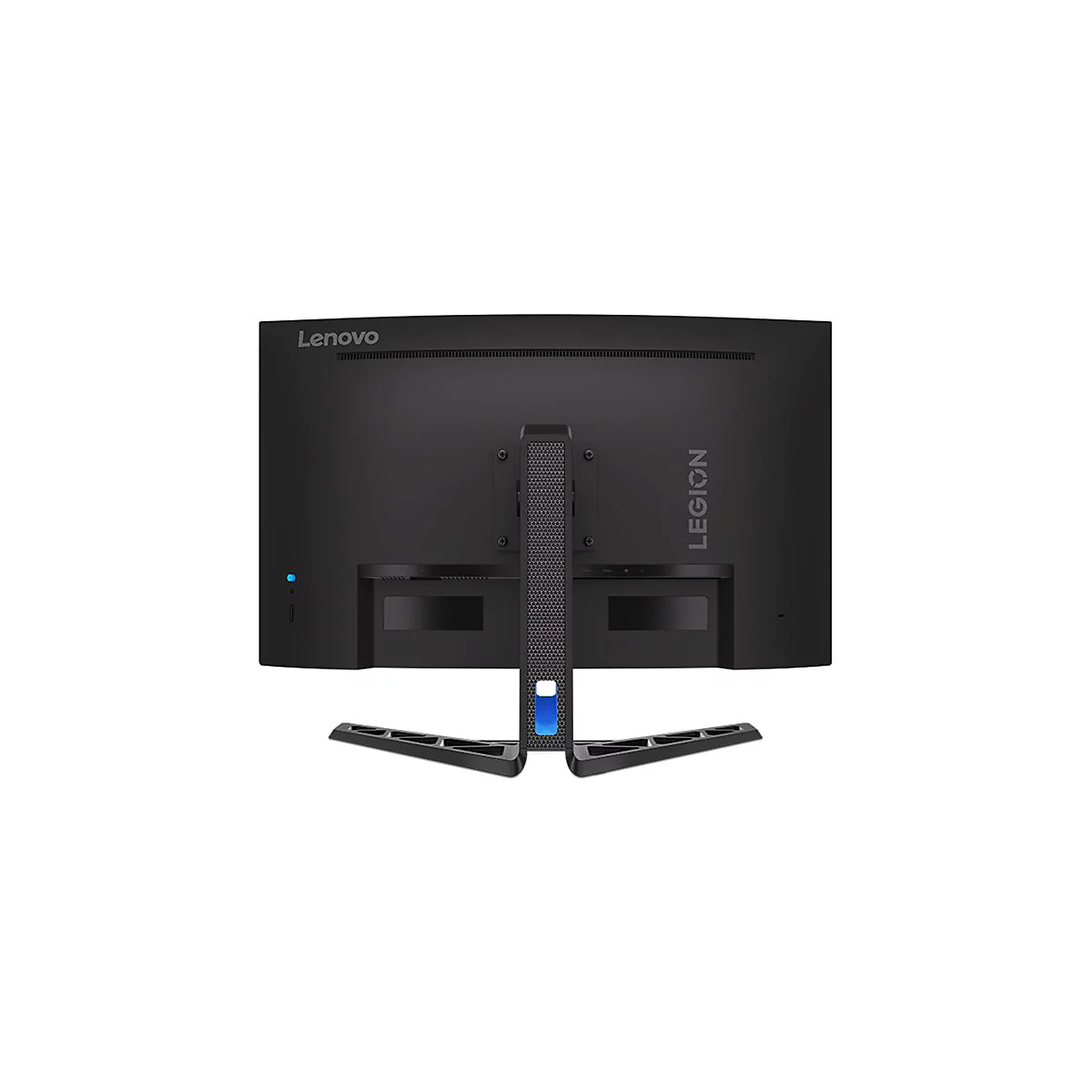 Rückseite eines schwarzen Lenovo Legion Gaming-Monitors mit Standfuß vor weißem Hintergrund.