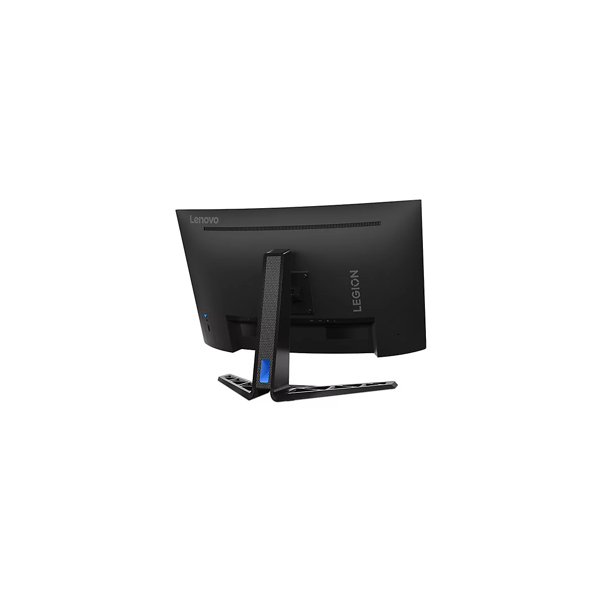 Rückseite eines schwarzen Lenovo Legion Gaming-Monitors auf einem Standfuß vor weißem Hintergrund.