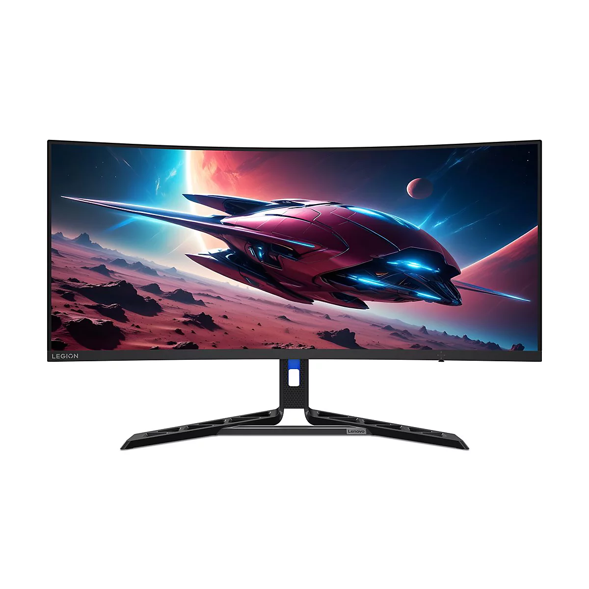 Lenovo Legion Gaming-Monitor mit Curved-Display und futuristischem Weltraum-Bild auf weißem Hintergrund.