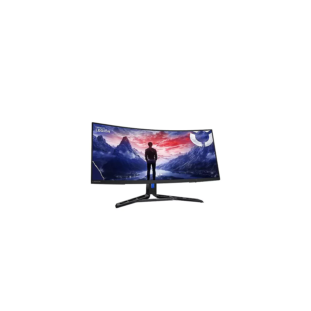 Lenovo Legion Gaming-Monitor mit gewölbtem Display und einer Berglandschaft auf dem Bildschirm.