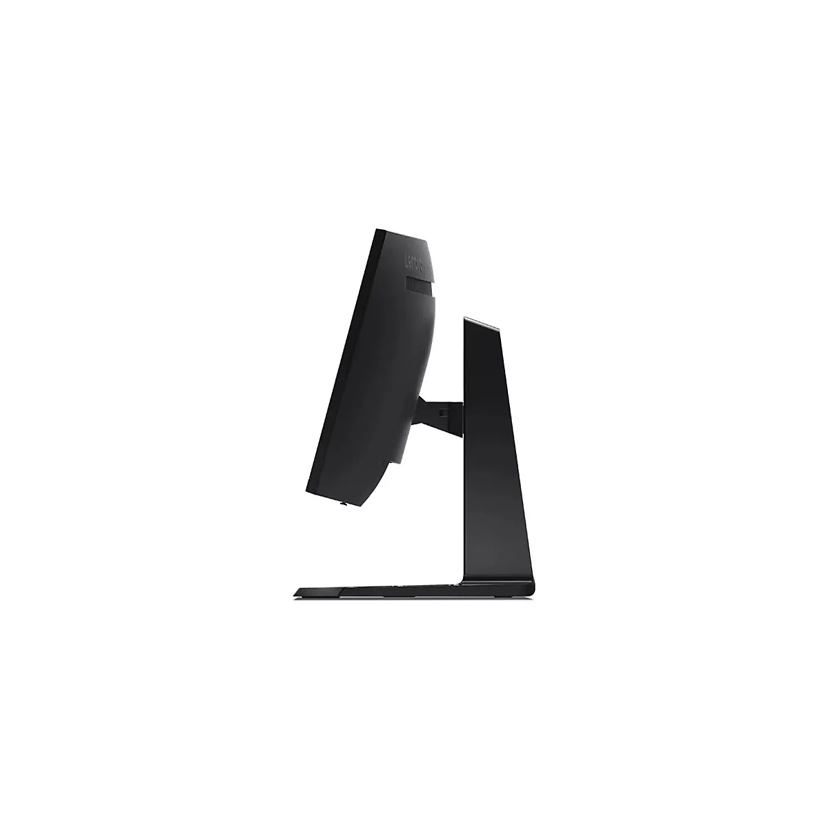 Seitliche Ansicht eines schwarzen Lenovo Monitors auf einem schlanken Standfuß vor weißem Hintergrund.