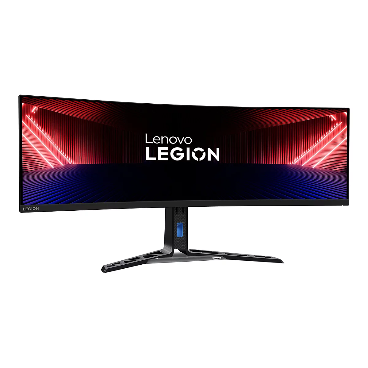 Breiter, schwarzer Lenovo Legion Gaming-Monitor vor weißem Hintergrund mit leuchtendem Displayinhalt.
