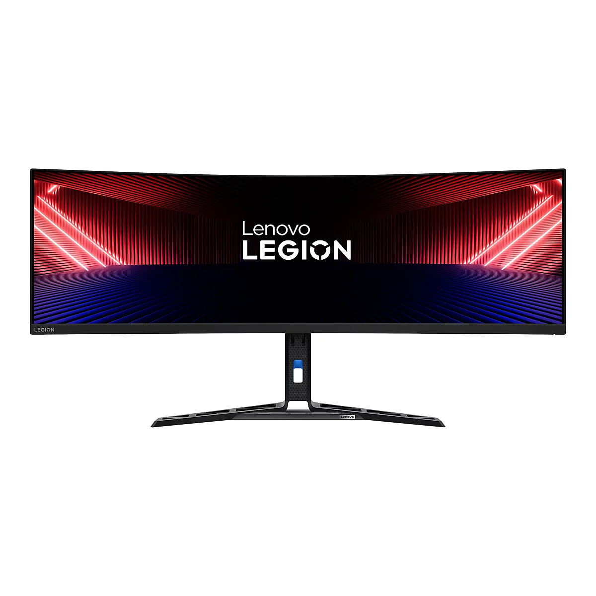 Lenovo Legion Ultra-Wide Gaming-Monitor mit gekrümmtem Display auf einem schwarzen Ständer vor weißem Hintergrund.