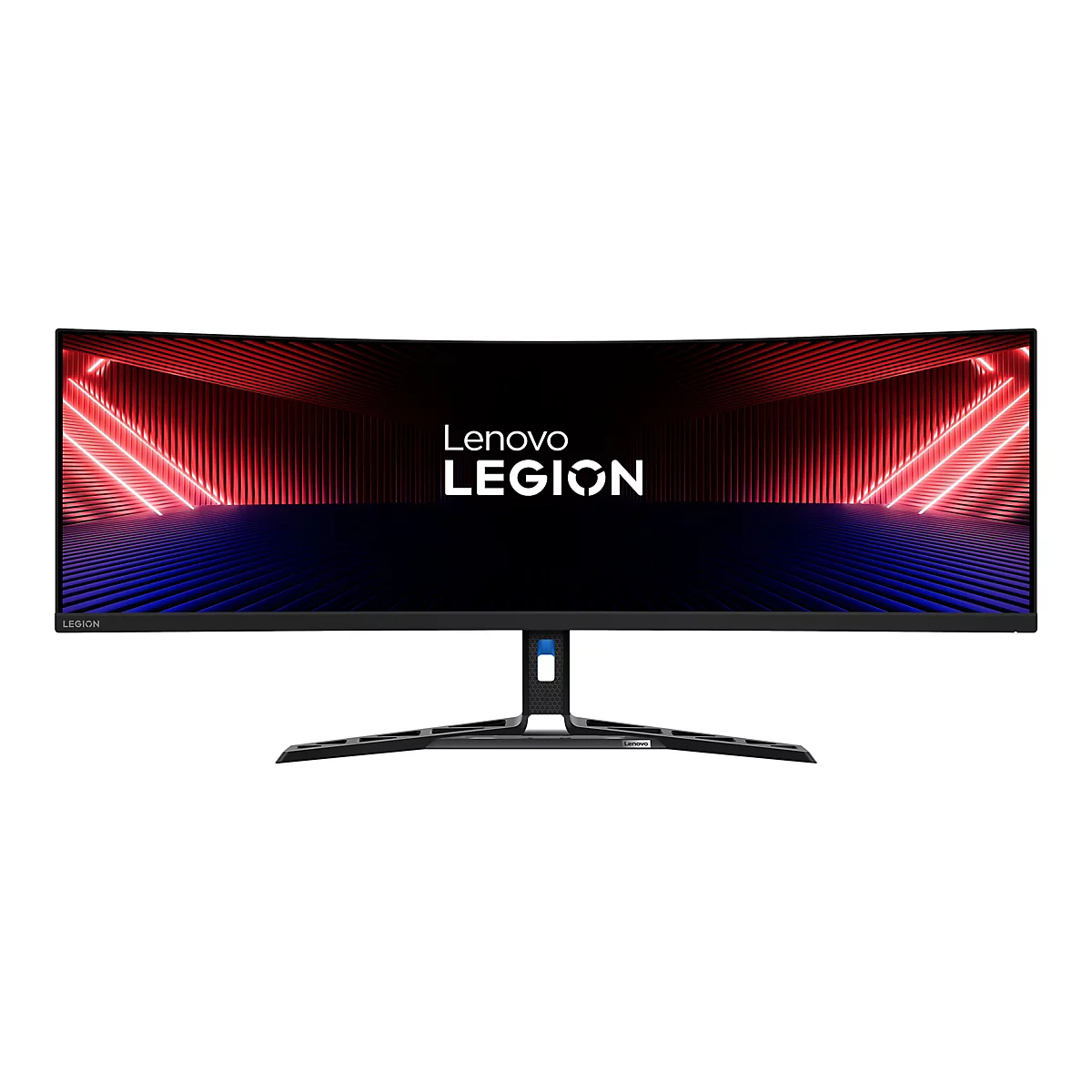 Ultra-Wide Lenovo Legion Gaming-Monitor vor weißem Hintergrund mit leuchtendem Display.