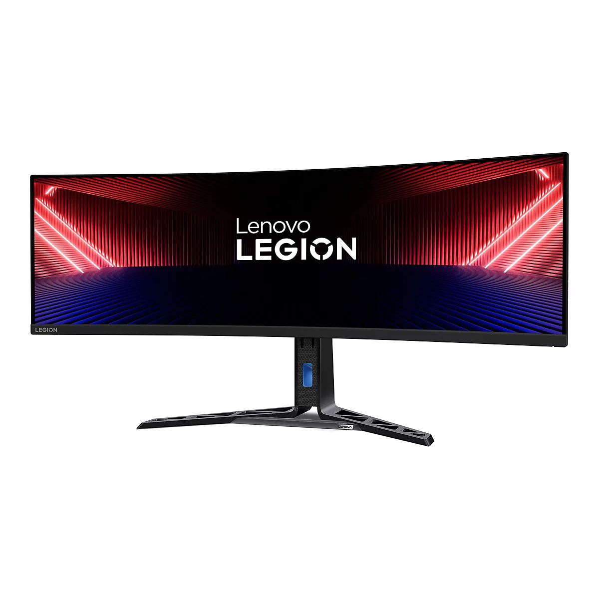 Lenovo Legion Ultrawide Gaming-Monitor mit futuristischem Hintergrund auf dem Display vor weißem Hintergrund.