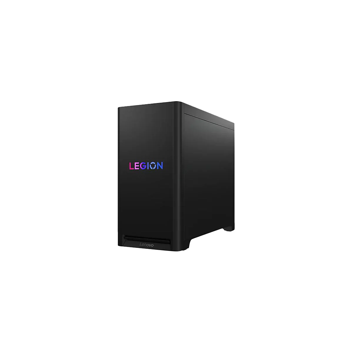 Schwarzer PC-Tower mit „LEGION“-Logo und Lenovo-Schriftzug. Das Logo leuchtet in Regenbogenfarben.
