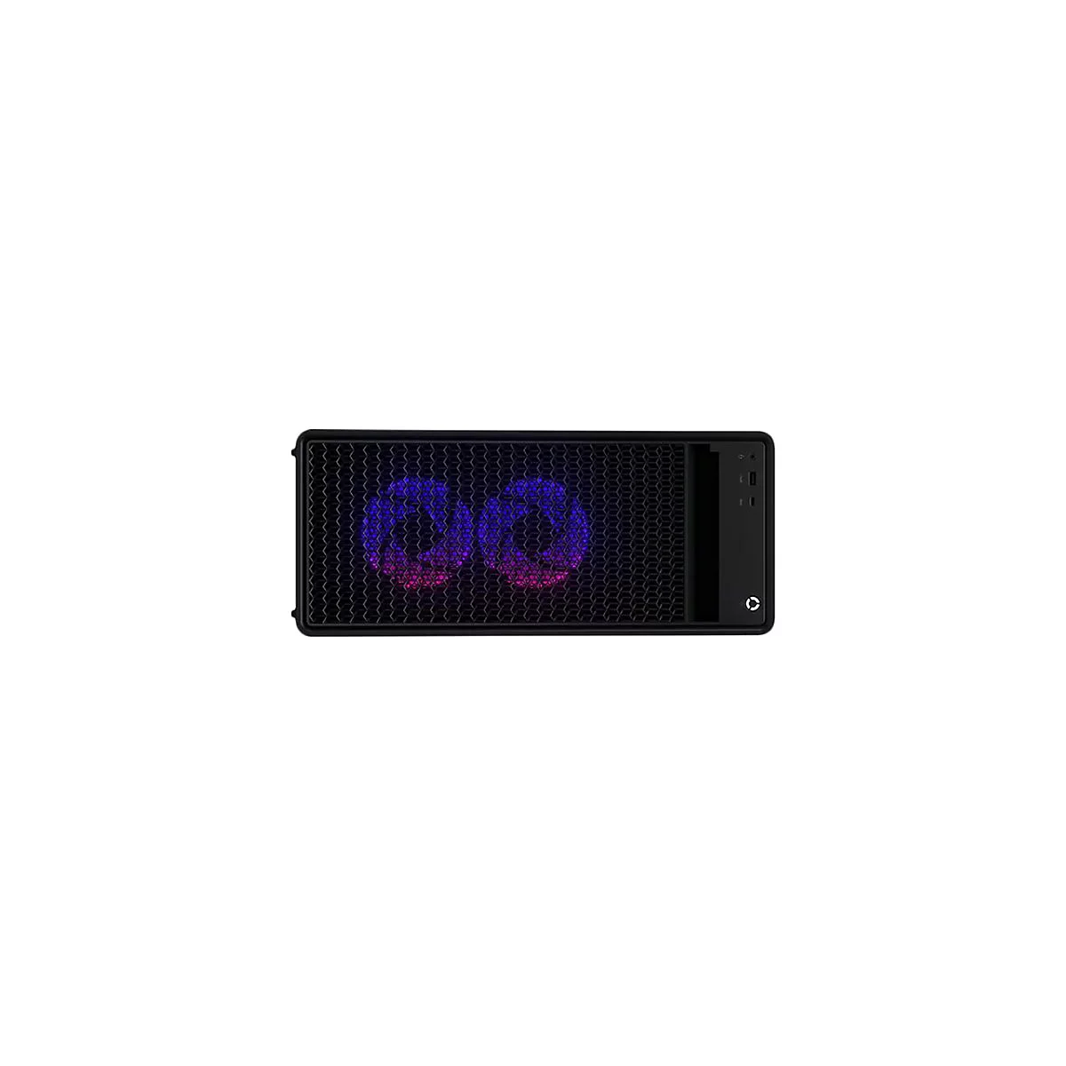 Schwarzes PC-Gehäuse von oben. Gittermuster, beleuchtete Lüfter mit violett-rosa Farben, daneben schwarzes Bedienfeld.