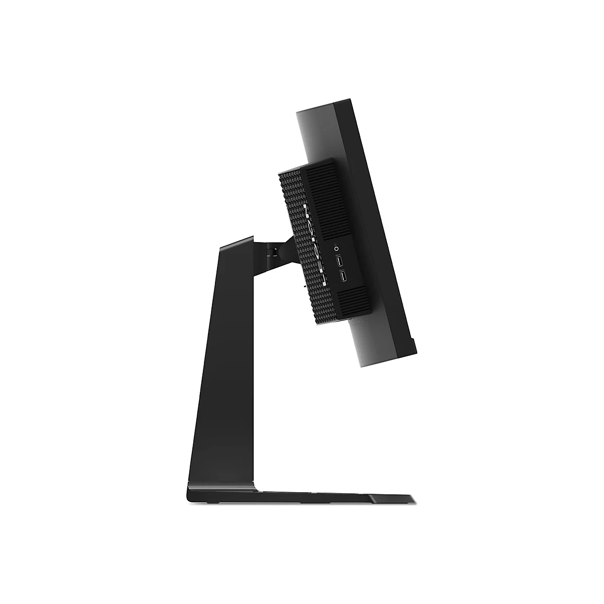 Seitliche Ansicht eines schwarzen Monitors mit montiertem Mini-PC an der Rückseite auf einem Standfuß.