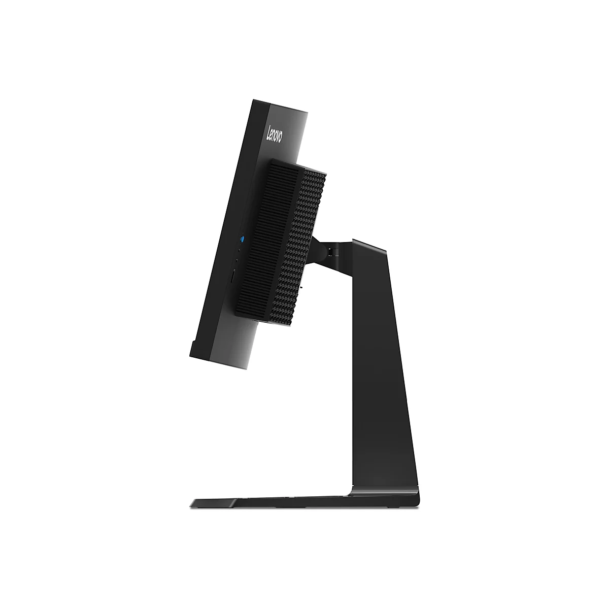 Seitliche Ansicht eines schwarzen Lenovo All-in-One-Computers auf einem stabilen Standfuß vor weißem Hintergrund.