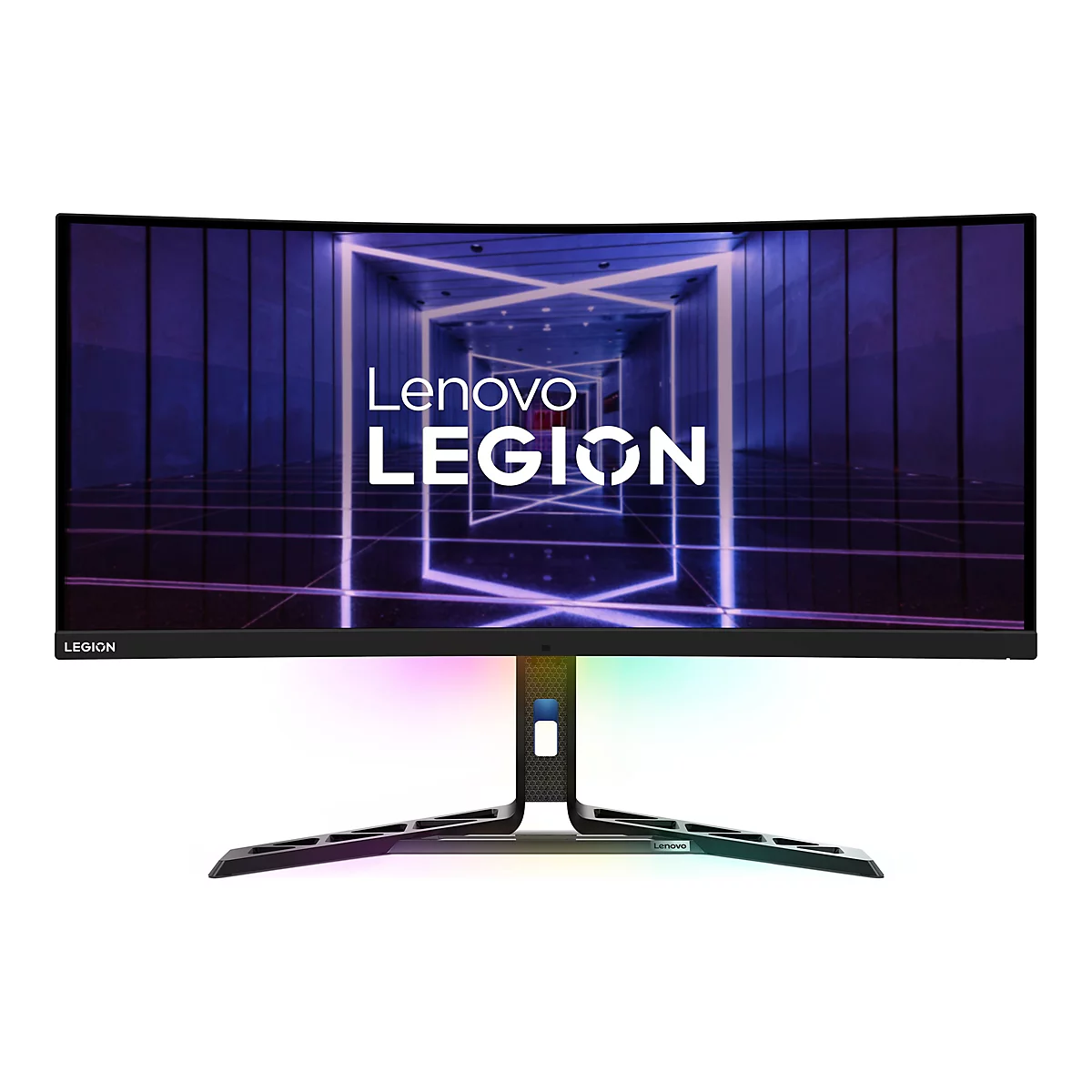 Gebogener Lenovo Legion Gaming-Monitor mit RGB-Beleuchtung auf weißem Hintergrund.