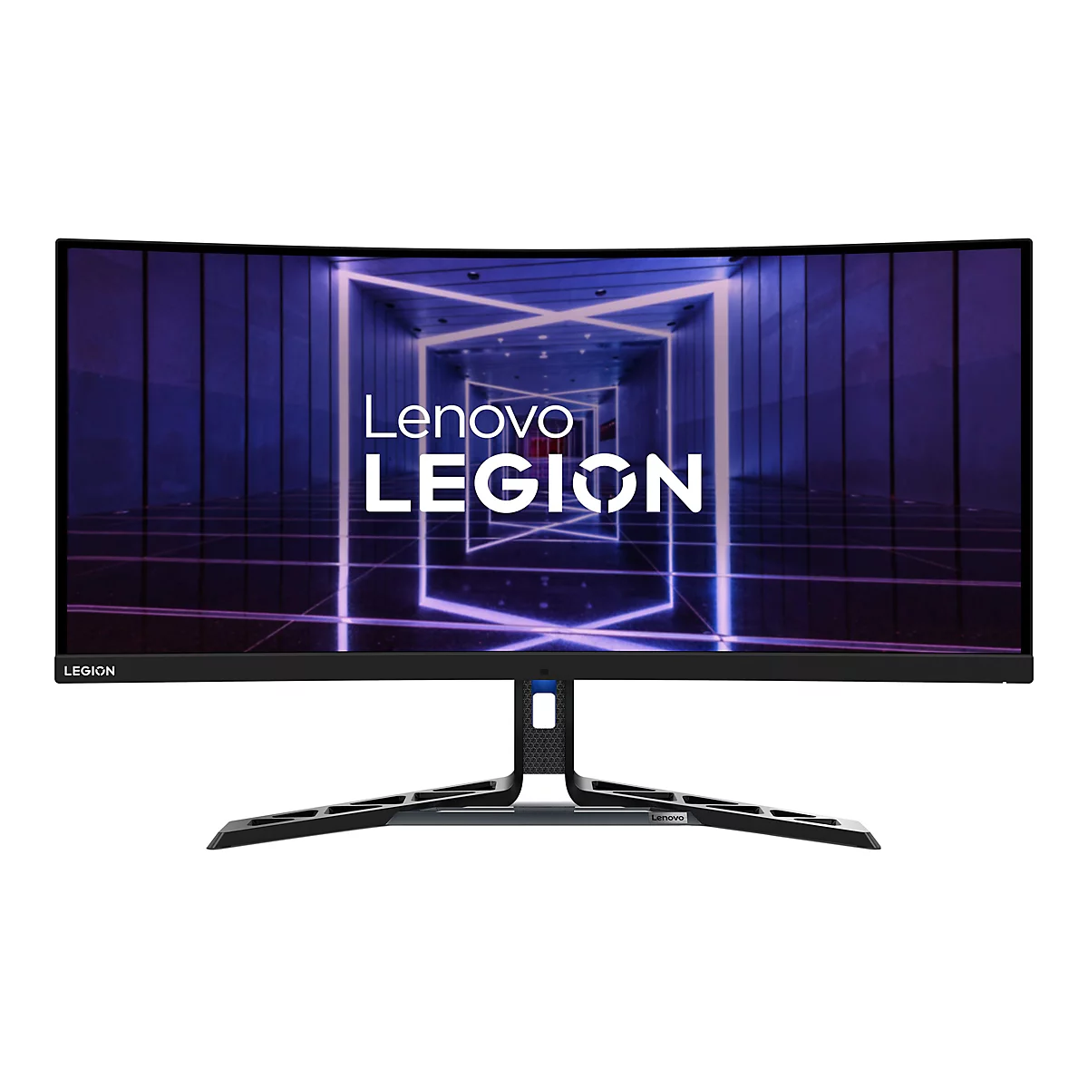 Ein breiter, gebogener Lenovo Legion Gaming-Monitor vor weißem Hintergrund mit leuchtendem blau-violettem Tunnel-Hintergrundbild.