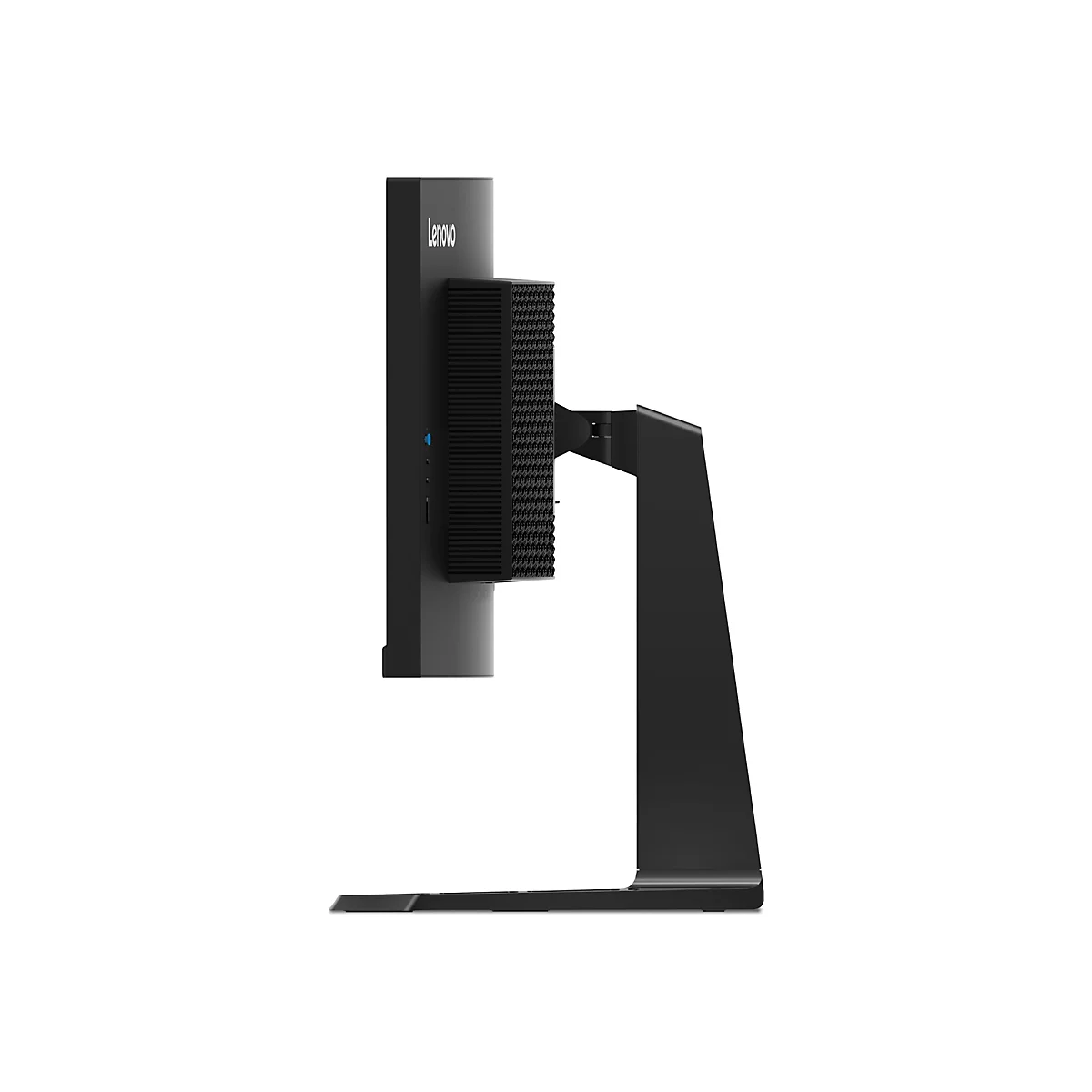 Seitenansicht eines schwarzen Lenovo All-in-One-Computers mit einem schmalen Ständer vor weißem Hintergrund.