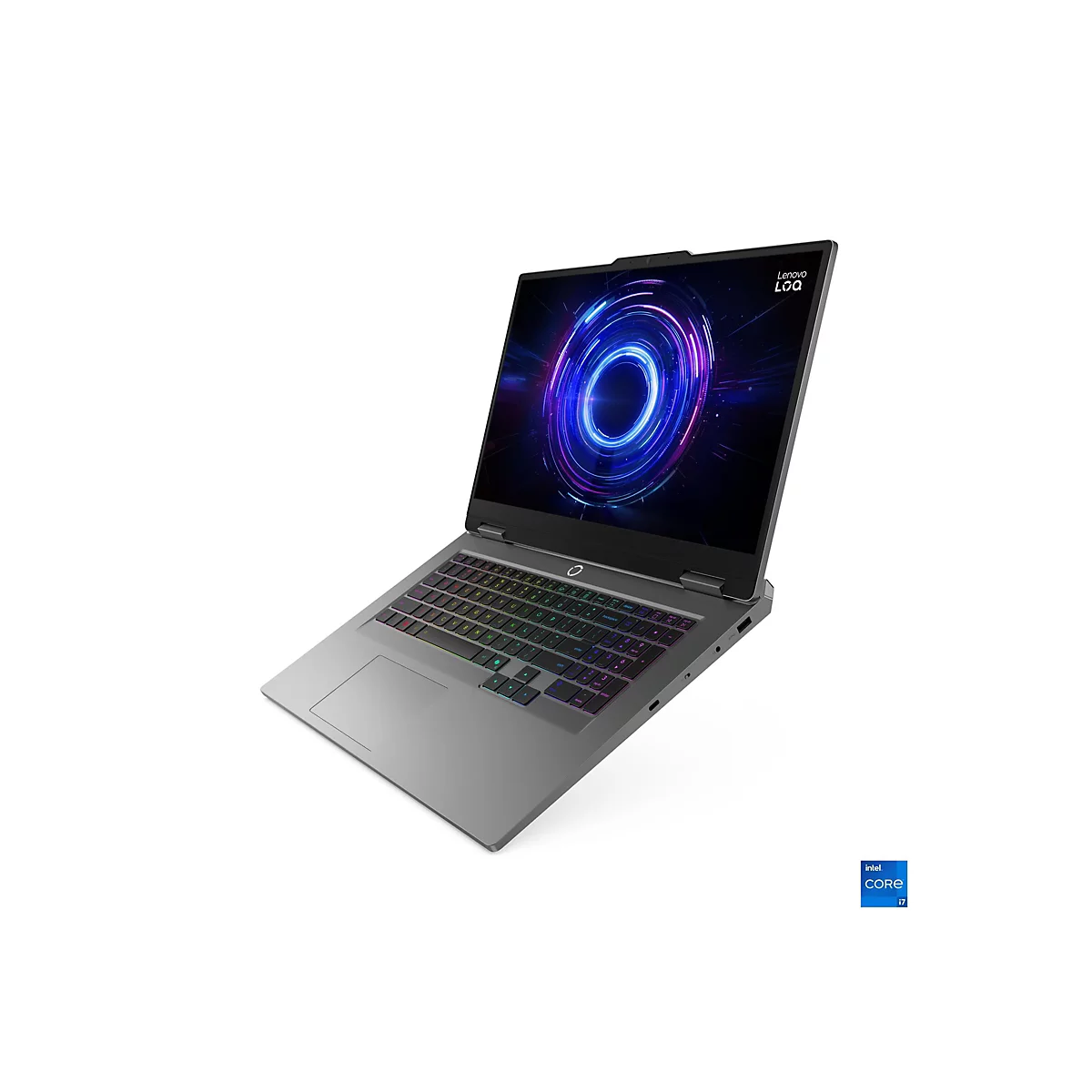 Graues Laptop mit farbiger Tastatur. Auf dem Bildschirm ist ein blau-violetter Kreis zu sehen. Das Lenovo Logo ist oben rechts zu sehen.