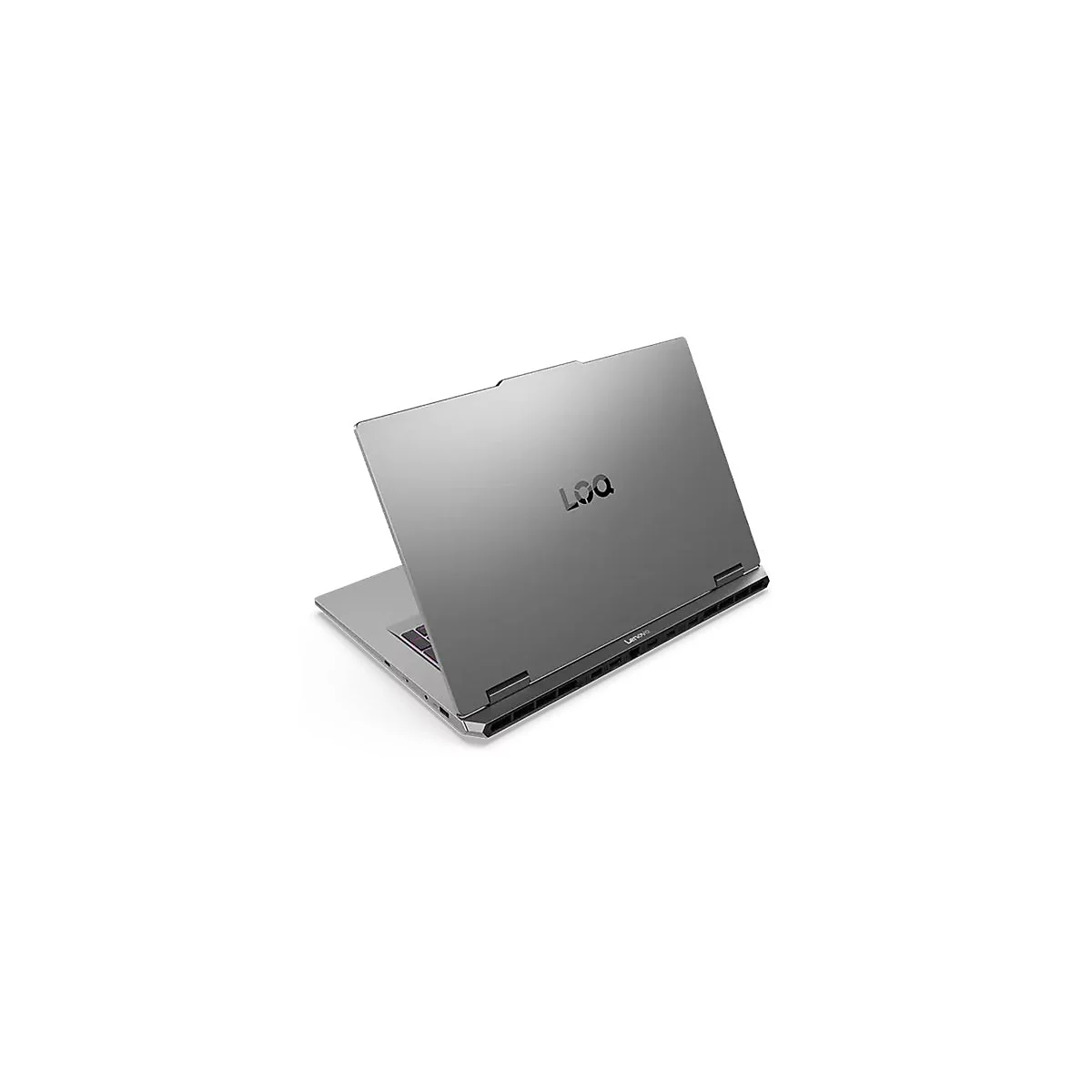 Grauer Laptop im Winkel von hinten, das Logo LQQ und Lenovo Schriftzug sind zu sehen.