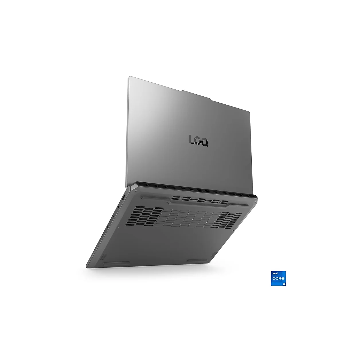Grauer Laptop, leicht von unten betrachtet, steht schräg. Das Logo "Loq" auf dem Deckel, unten rechts ein "Intel Core i7" Aufkleber.