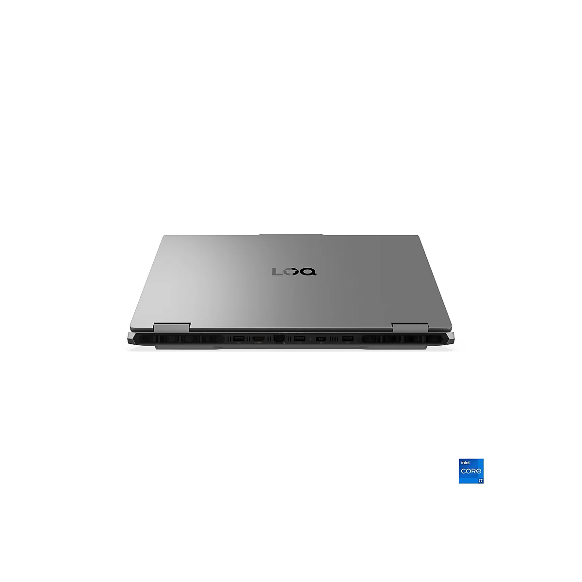 Ein silberner Laptop von der Rückseite aus gesehen, auf weißem Hintergrund. Das Logo „LOQ“ ist auf dem Deckel zu sehen.