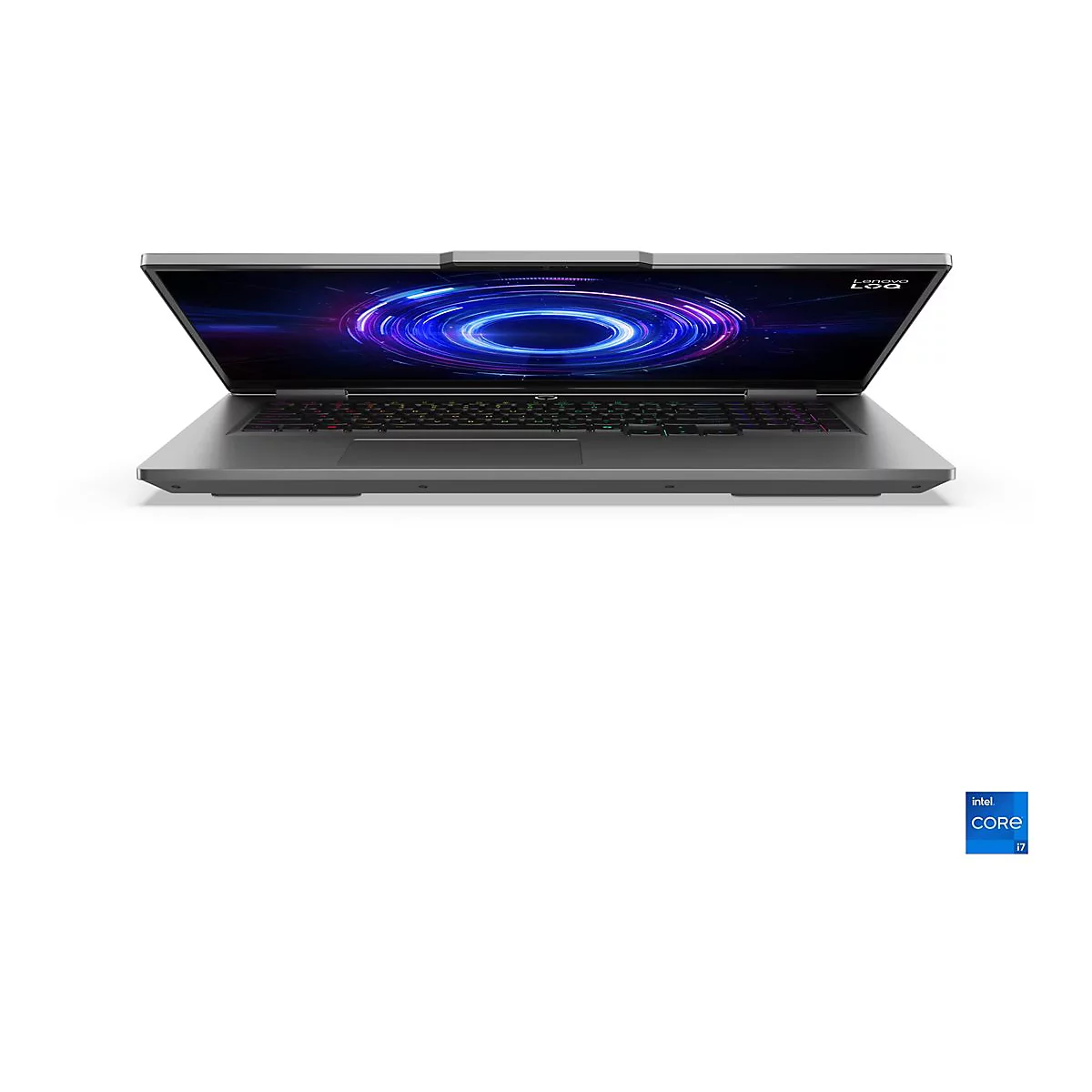 Grauer Laptop, halb geöffnet, auf weißem Hintergrund. Auf dem Display ist ein blauer, kreisförmiger Effekt zu sehen. Unten rechts ist ein Intel Core i7 Logo.