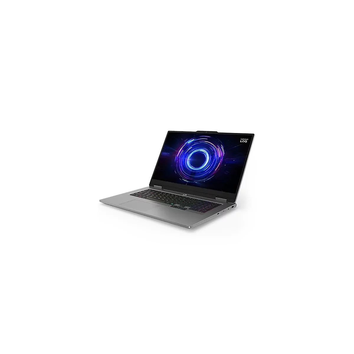 Grauer Laptop mit geöffnetem Display, auf dem blaue Lichteffekte zu sehen sind. Auf dem Display steht Lenovo LOQ.