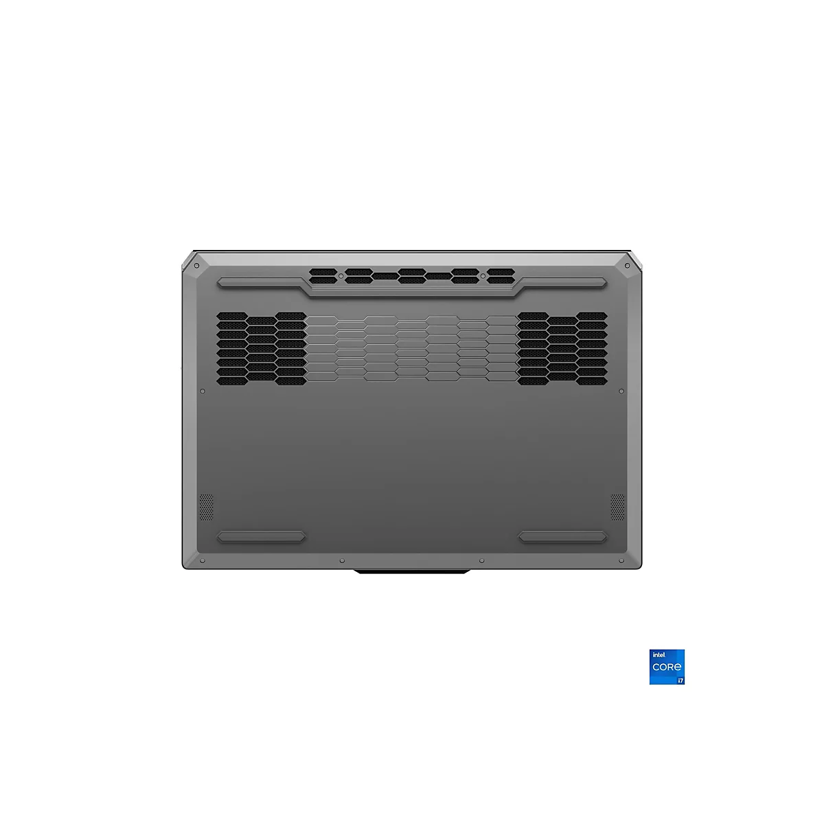 Draufsicht auf die Unterseite eines grauen Laptops. Sichtbar sind Lüftungsöffnungen, Schrauben und das Intel Core i7-Logo.