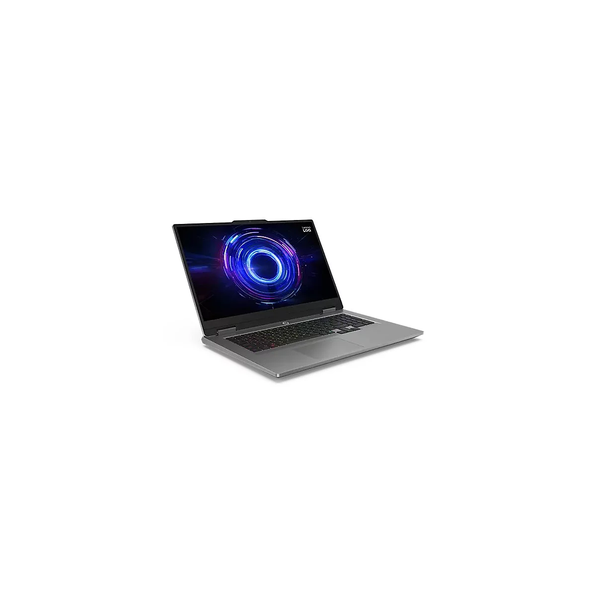 Graues Laptop, Bildschirm zeigt blaues Kreismuster, Tastatur mit farbiger Beleuchtung.