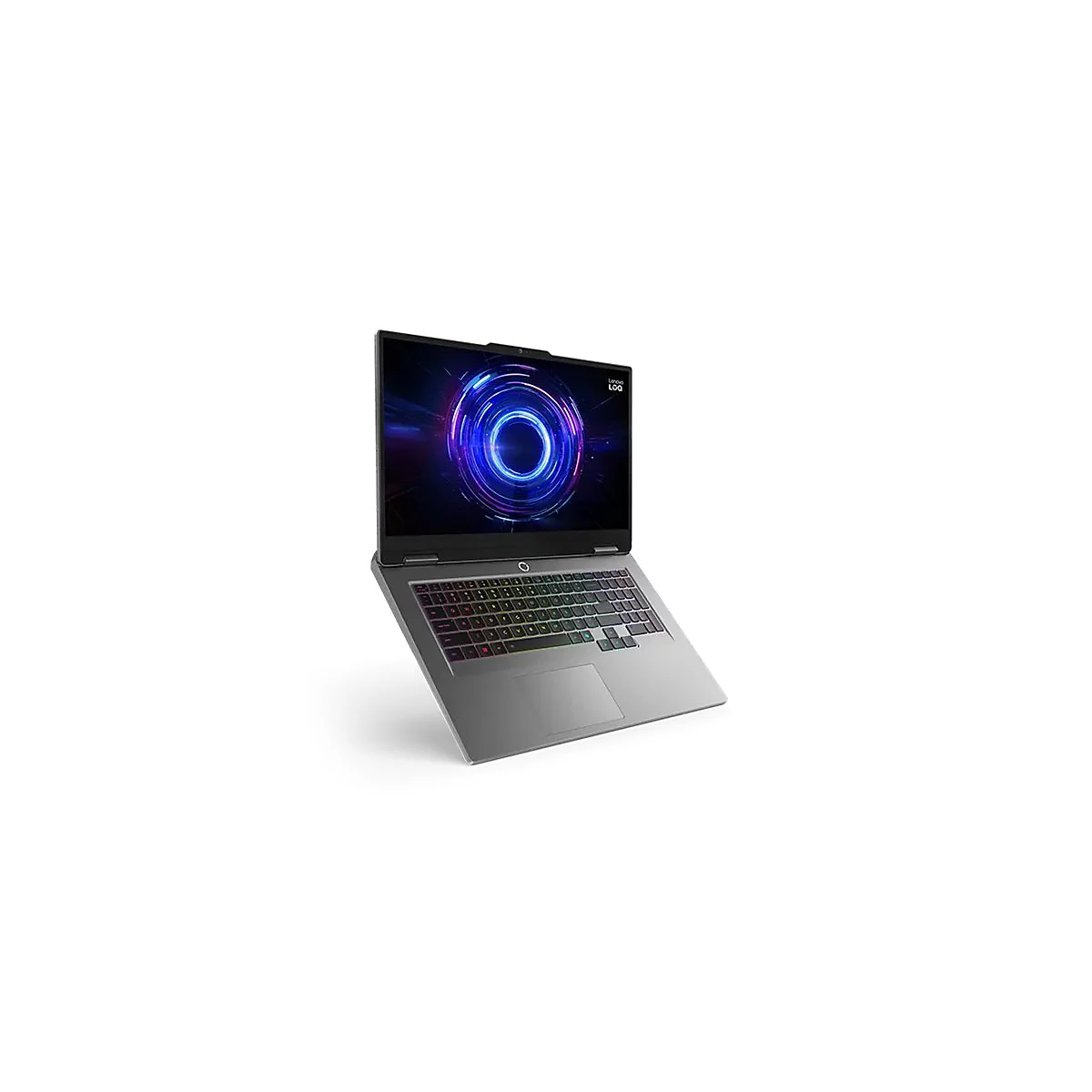 Grauer Laptop, leicht angewinkelt, mit Regenbogenbeleuchtung auf der Tastatur und einem abstrakten Bildschirmhintergrund.