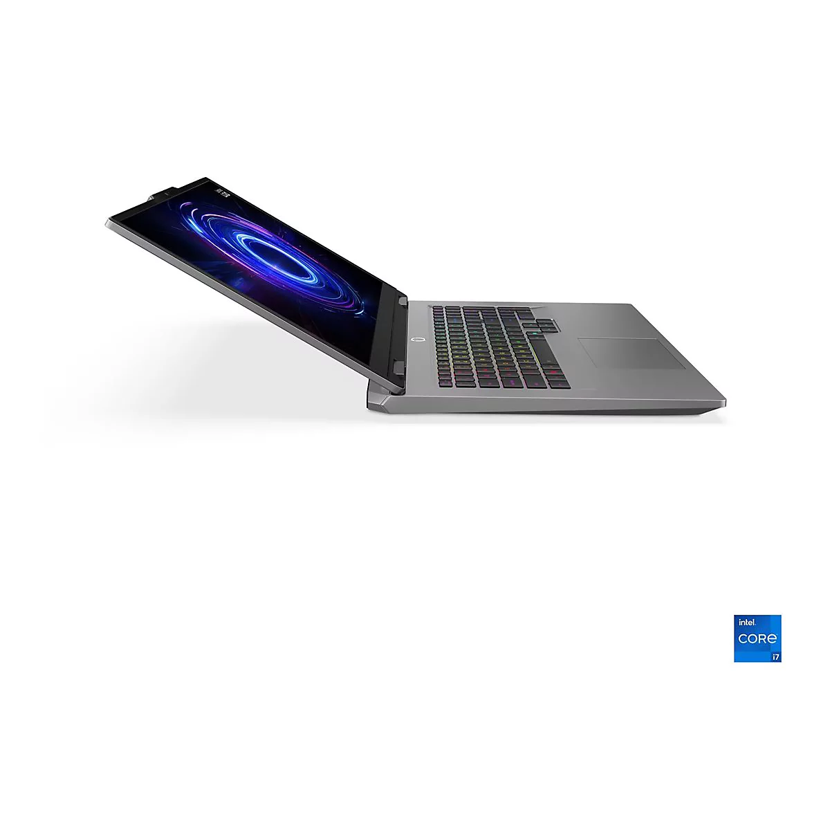 Grauer Laptop in Schrägansicht mit blauem Displayhintergrund, Intel Core i7 Logo rechts unten.