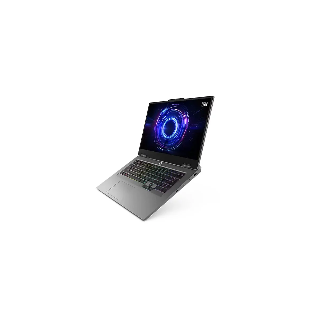 Grauer Laptop mit geöffnetem Display, das einen blauen, neonfarbenen Kreis zeigt. Tastatur mit farbiger Beleuchtung. Das Lenovo-Logo ist sichtbar.