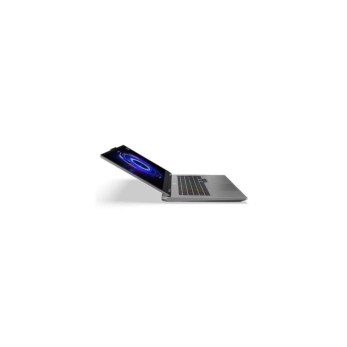 Grauer Laptop, halb geöffnet. Der Bildschirm zeigt einen blauen, kreisförmigen Farbverlauf. Tastatur mit bunten Tasten.