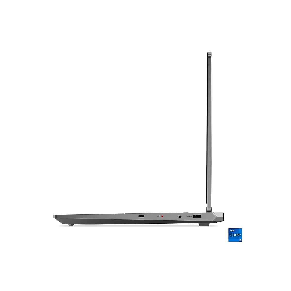 Seitenansicht eines grauen Laptops, der auf einer weißen Oberfläche steht. Der Laptop ist leicht geöffnet, mit dem Intel Core i7-Logo auf dem unteren rechten Bildschirm. Auf der Seite befinden sich Anschlüsse.