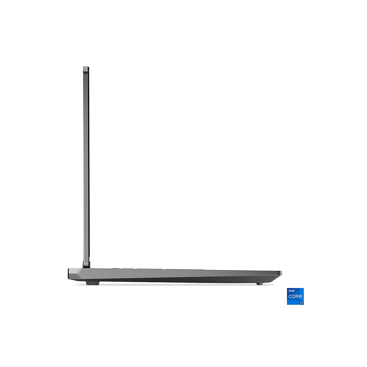 Seitenansicht eines grauen Laptops auf weißem Hintergrund. Rechts unten befindet sich ein Intel Core i7-Aufkleber.