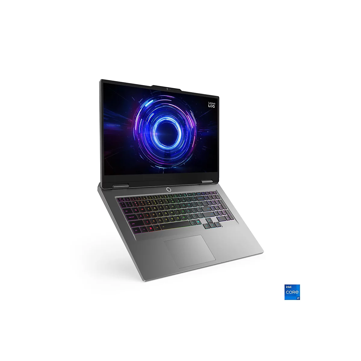 Ein Laptop, der leicht schräg steht, vor weißem Hintergrund. Das Display zeigt blaue und violette Kreise, darunter leuchtende Tastatur.