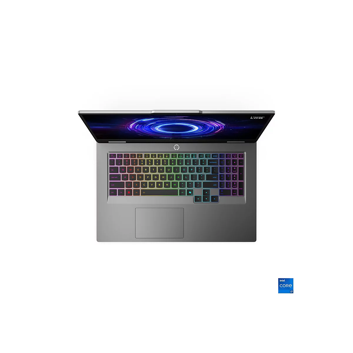 Draufsicht auf einen Laptop mit bunten Tasten und einem blau leuchtenden Bildschirm. Unten rechts ist ein Intel Core i7-Logo.