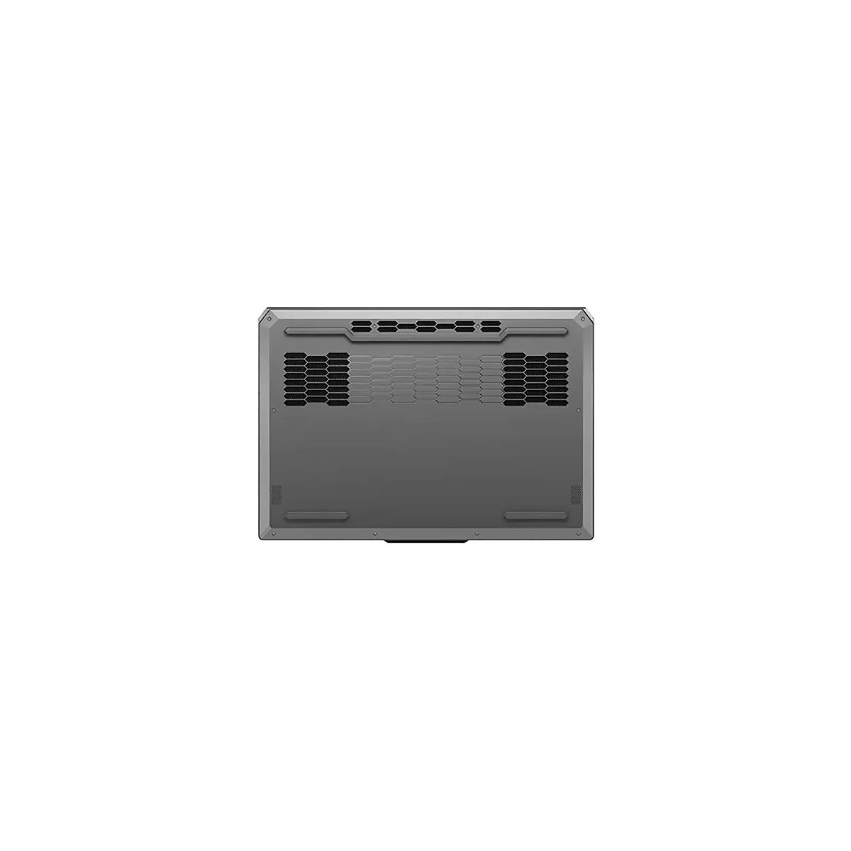 Grauer Laptop von unten, Lüftungsschlitze und Gummifüße.