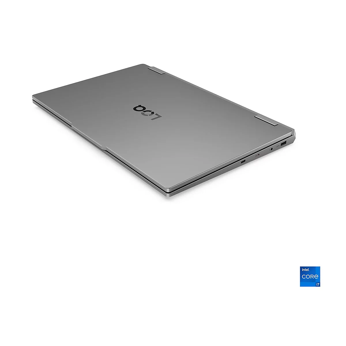 Grauer Laptop, leicht geöffnet. Auf dem Deckel steht "LOQ", unten rechts ist ein "intel CORE i7"-Logo.