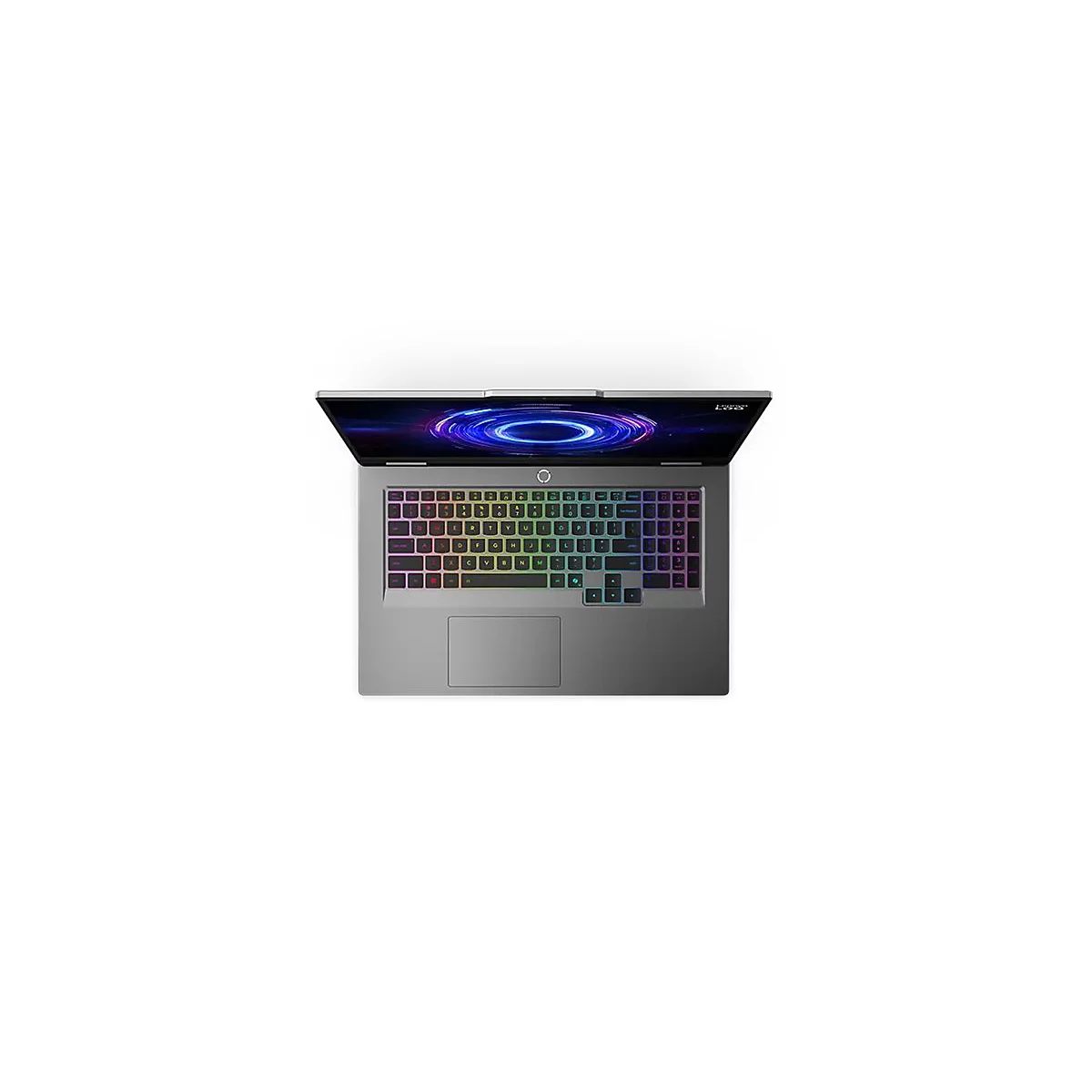 Draufsicht auf einen geöffneten Laptop. Das Display zeigt ein blau-violettes Muster, die Tastatur hat eine mehrfarbige Beleuchtung.
