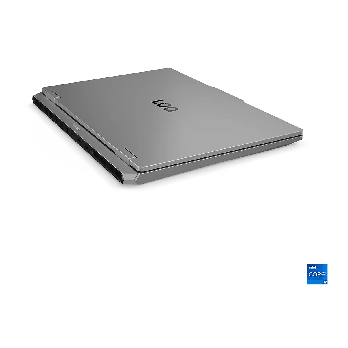 Graues Laptop, geschlossen. Oben das Logo, rechts unten Intel Core i7.