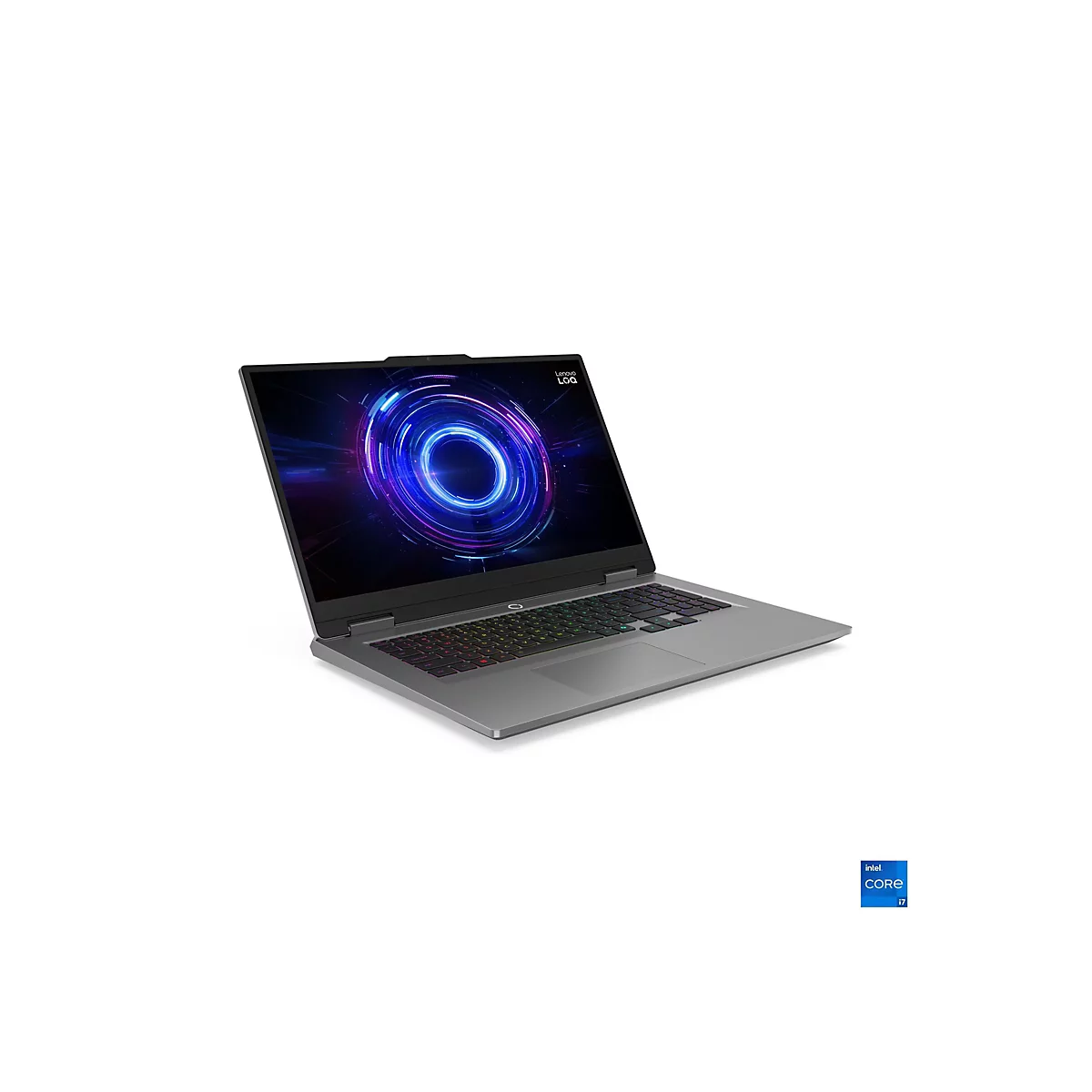 Grauer Laptop mit offenem Display, das einen blauen, kreisförmigen Hintergrund zeigt. Das Notebook ist auf weißem Hintergrund fotografiert.