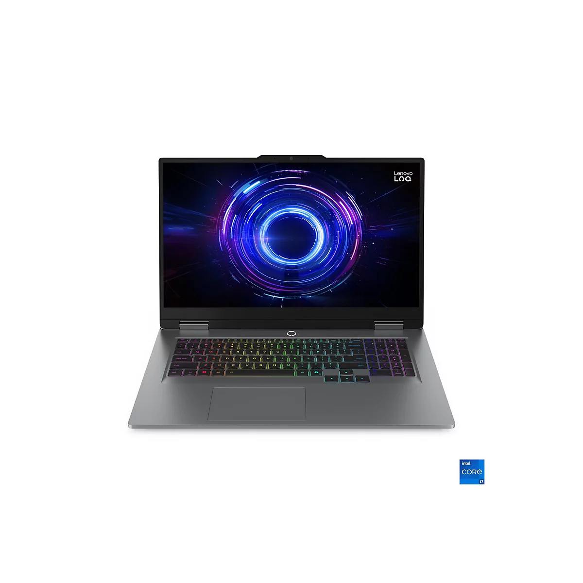 Grauer Laptop mit beleuchteter Tastatur und Bildschirm. Auf dem Bildschirm ein blaues Kreis-Design. Unten rechts ein Intel Core i7 Logo.