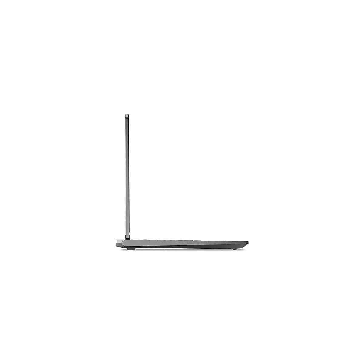 Grauer Laptop von der Seite, geöffnet. Der Bildschirm ist dünn, der Rahmen ist breit.