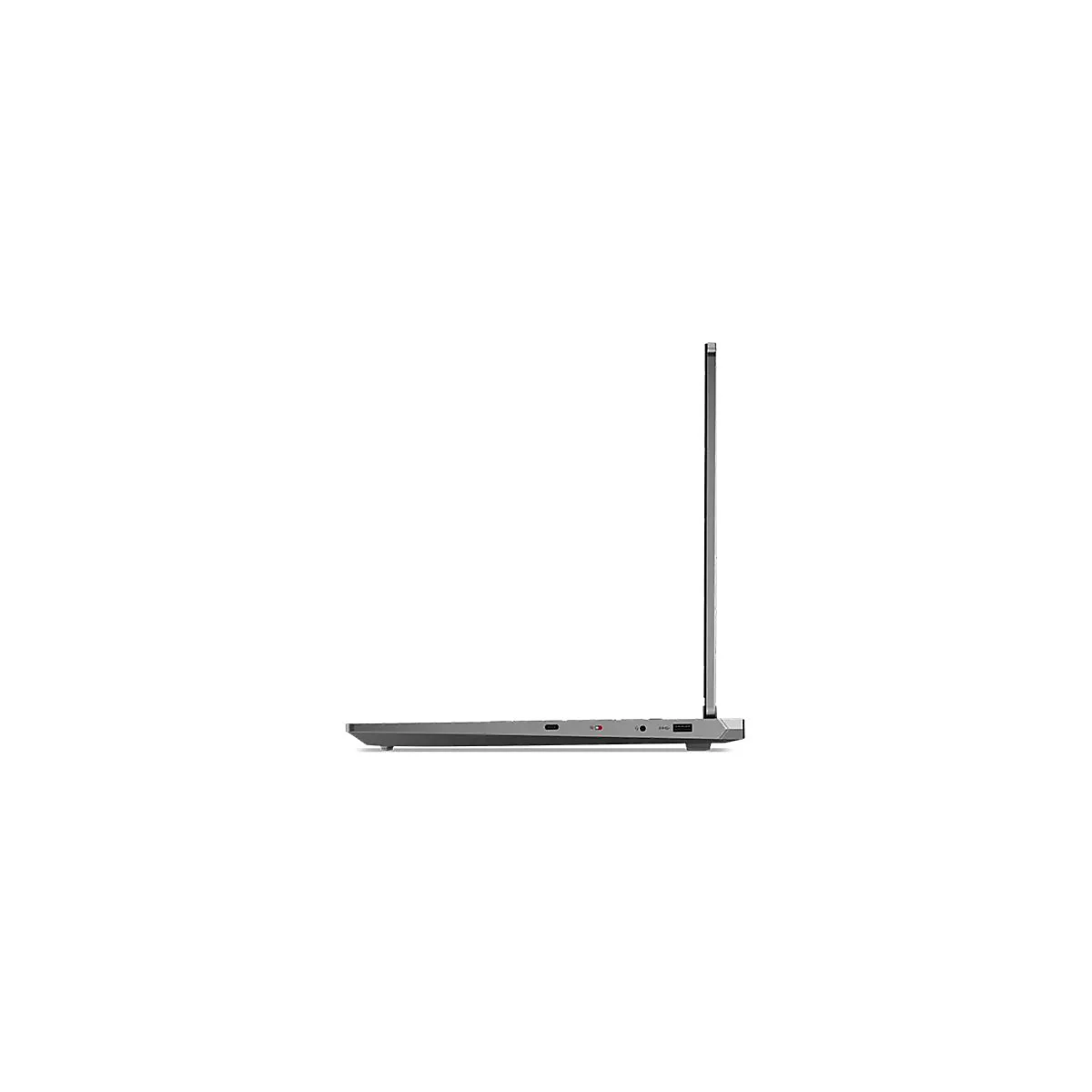 Graues Laptop-Seitenprofil, geöffnet, auf weißem Hintergrund.