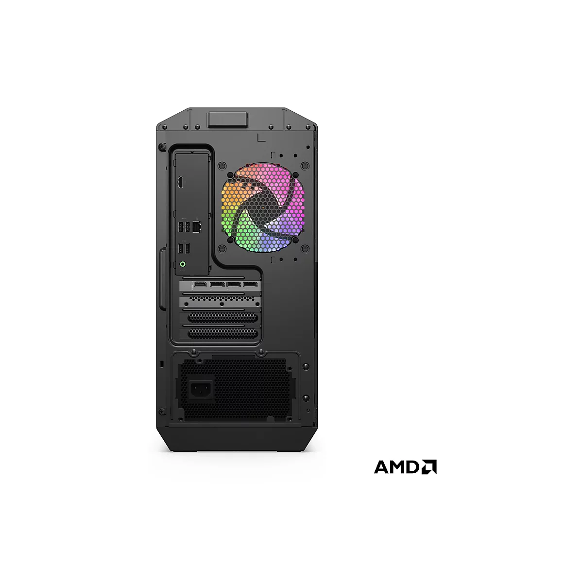 Schwarzes PC-Gehäuse von hinten, mit bunt beleuchtetem Lüfter. Unten rechts: AMD-Logo.