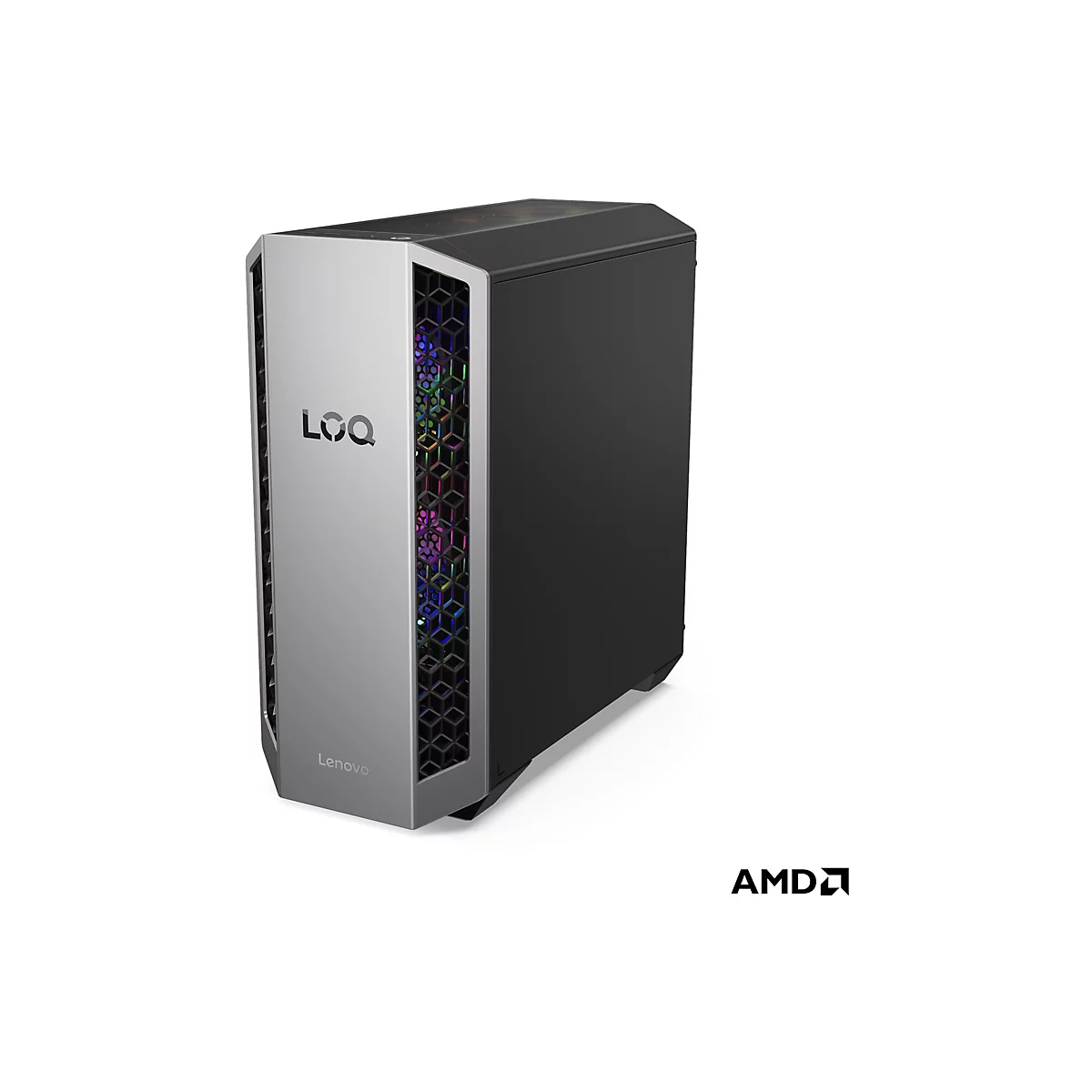 Ein Computer-Gehäuse von Lenovo LOQ, silber-schwarz, mit bunten Lichtern und AMD Logo.