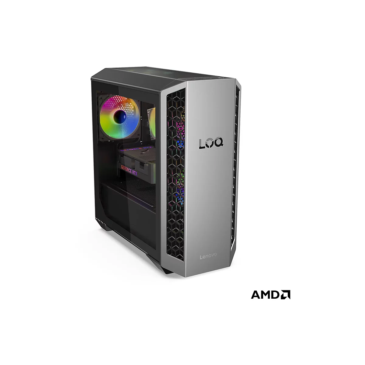 Ein grauer PC-Tower mit RGB-Beleuchtung. Auf der Vorderseite sind die Logos von Lenovo und LOQ zu sehen.